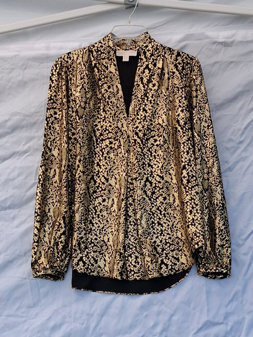 MICHAEL Michael Kors Metallic Gold & Black Snakeskin Inverted Pleat Blouse L EUC